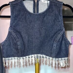 Zara Dark Blue Denim Crop Top with Beaded Hem